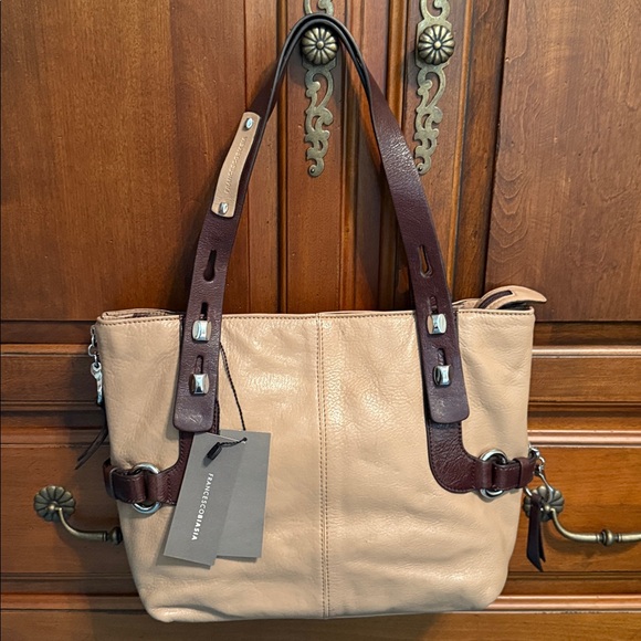 Francesco Biasia Beige Leather Shoulder Bag with Dark Brown Straps